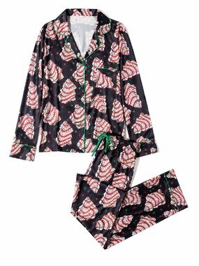 Sheshow Christmas Tree Print Satin Pajama Set Long Sleeve Button Front NWT